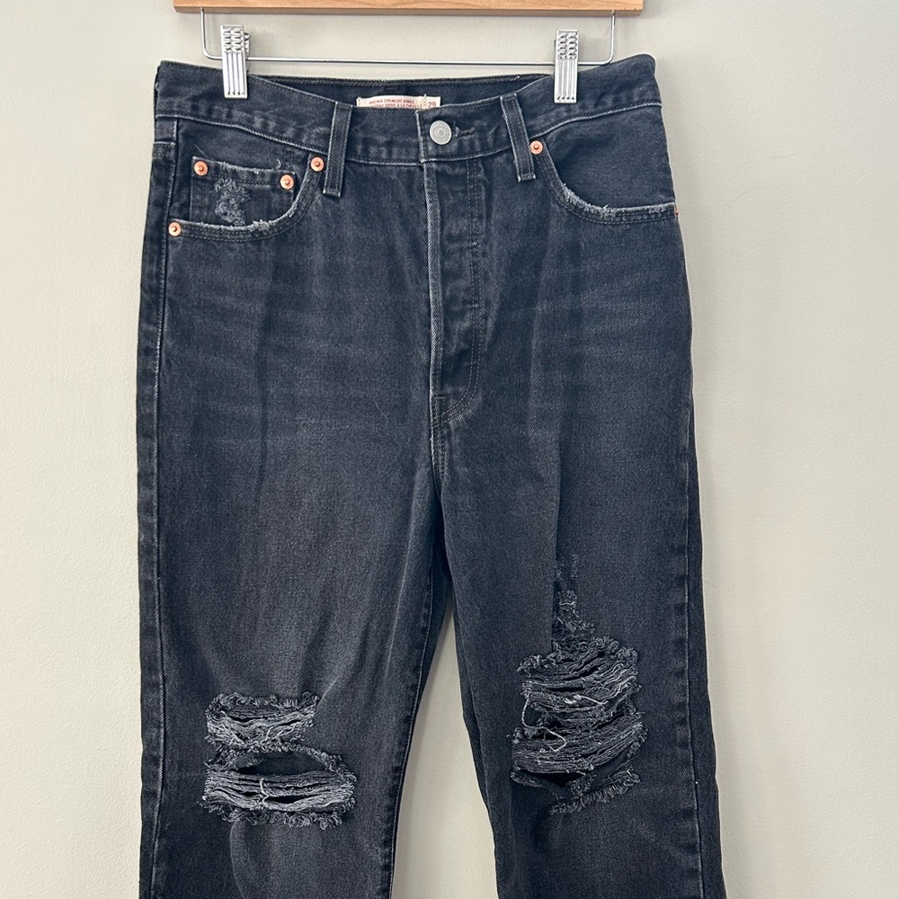 Levis Black Distressed Ribcage High Rise Straight Leg Streetwear Casual Jeans - Picture 5 of 7